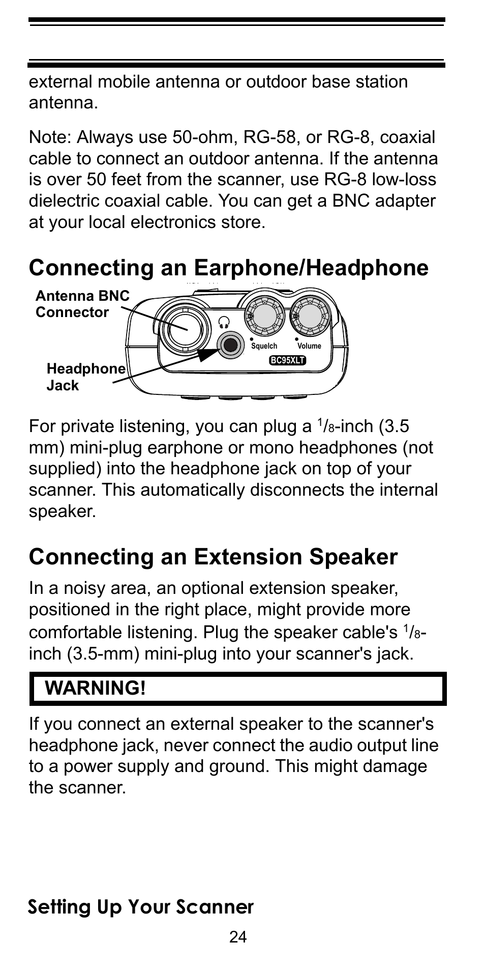 Connecting an earphone/headphone, Connecting an extension speaker, Setting up your scanner | Warning | Uniden BEARCAT BC95XLT User Manual | Page 24 / 64