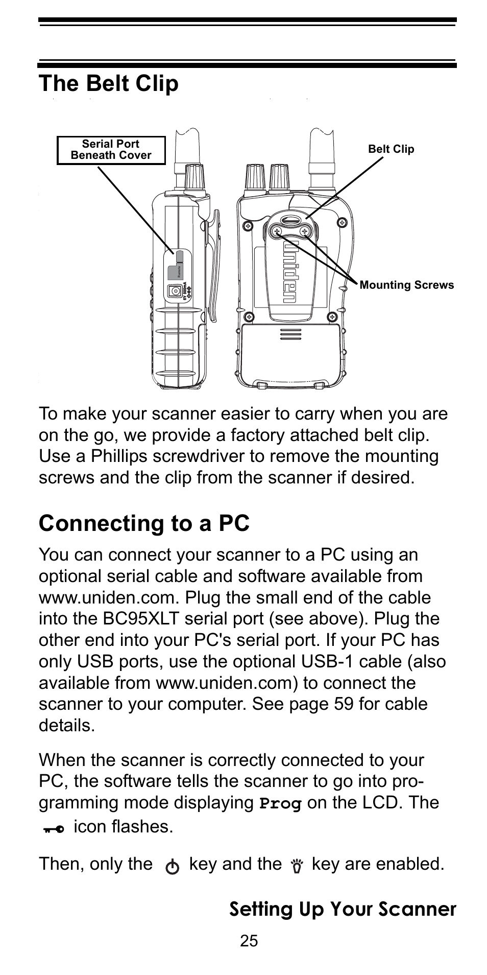 The belt clip, Connecting to a pc, Setting up your scanner | Uniden BEARCAT BC95XLT User Manual | Page 25 / 64