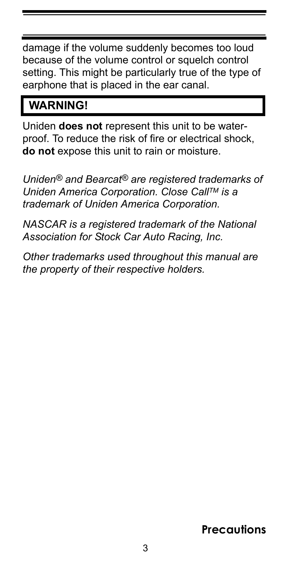 Precautions, Warning | Uniden BEARCAT BC95XLT User Manual | Page 3 / 64