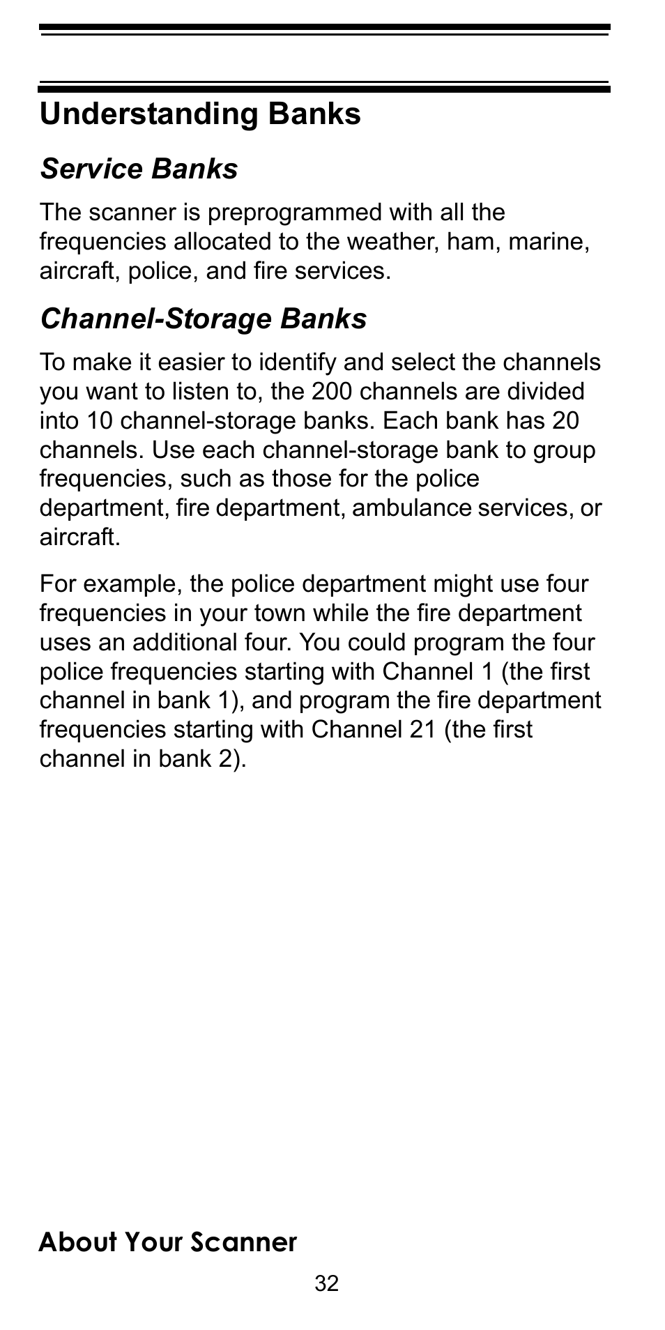 Understanding banks, Service banks, Channel-storage banks | Uniden BEARCAT BC95XLT User Manual | Page 32 / 64