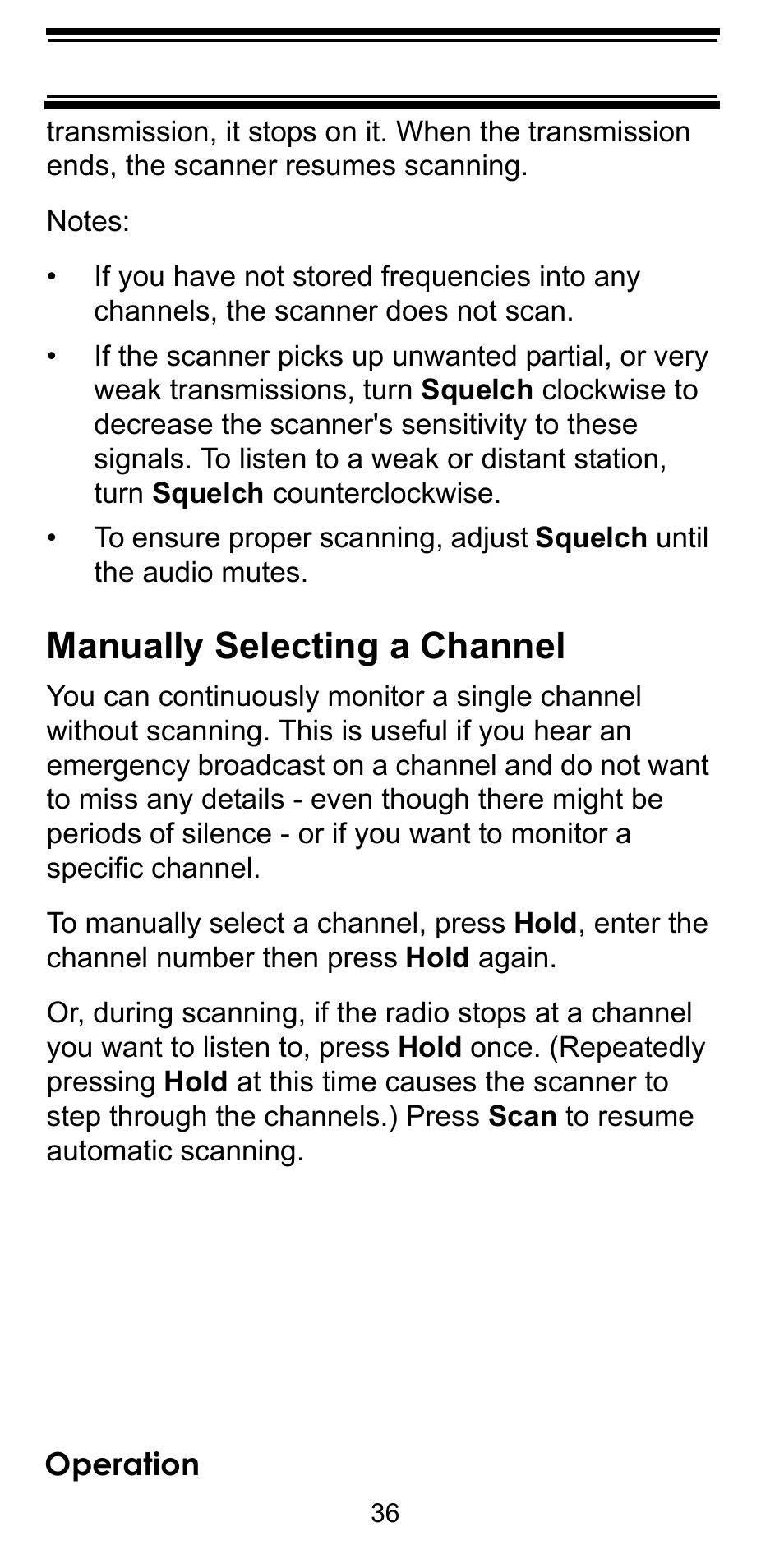 Manually selecting a channel, Operation | Uniden BEARCAT BC95XLT User Manual | Page 36 / 64