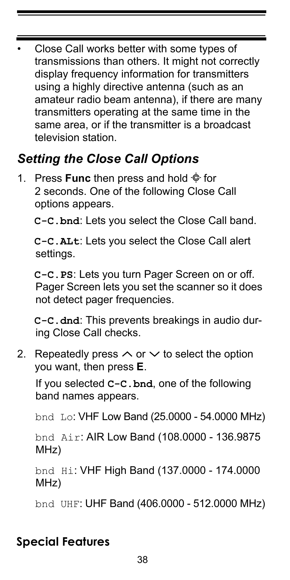 Setting the close call options, Special features | Uniden BEARCAT BC95XLT User Manual | Page 38 / 64