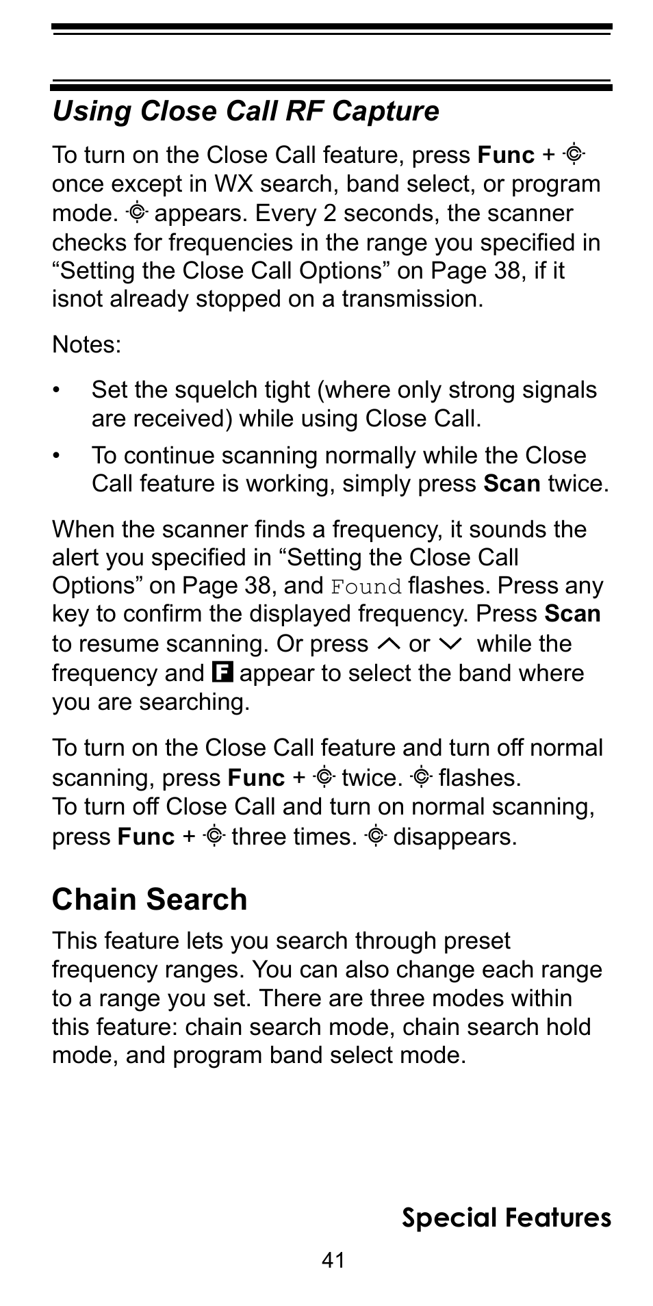 Chain search, Using close call rf capture | Uniden BEARCAT BC95XLT User Manual | Page 41 / 64