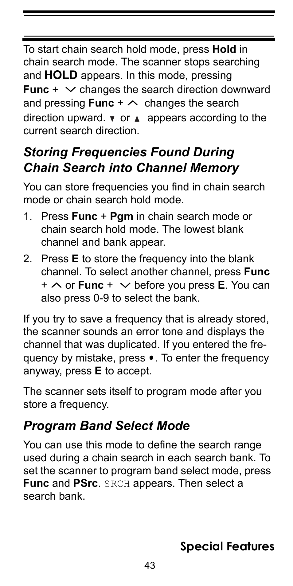 Storing frequencies found during, Program band select mode | Uniden BEARCAT BC95XLT User Manual | Page 43 / 64