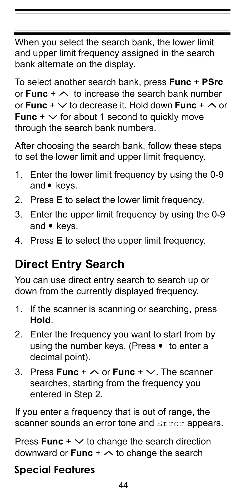 Press e to select the lower limit frequency, Press e to select the upper limit frequency, Direct entry search | Special features | Uniden BEARCAT BC95XLT User Manual | Page 44 / 64