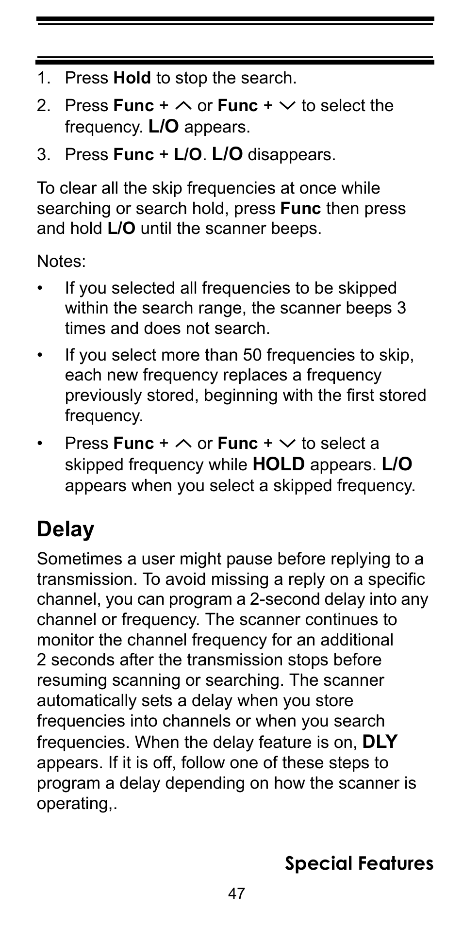 Press hold to stop the search, Press func + l/o. l/o disappears, Delay | Uniden BEARCAT BC95XLT User Manual | Page 47 / 64