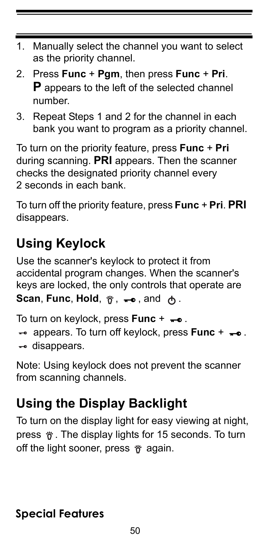 Using keylock, Using the display backlight | Uniden BEARCAT BC95XLT User Manual | Page 50 / 64