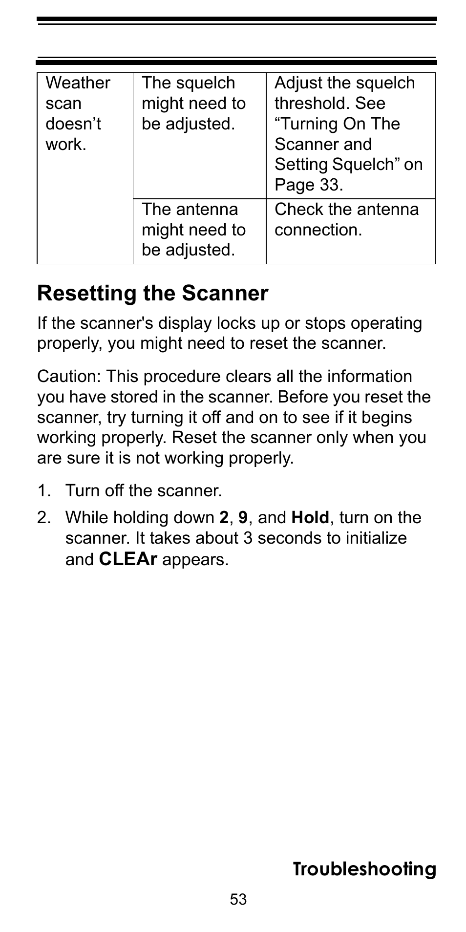 Resetting the scanner, Turn off the scanner | Uniden BEARCAT BC95XLT User Manual | Page 53 / 64