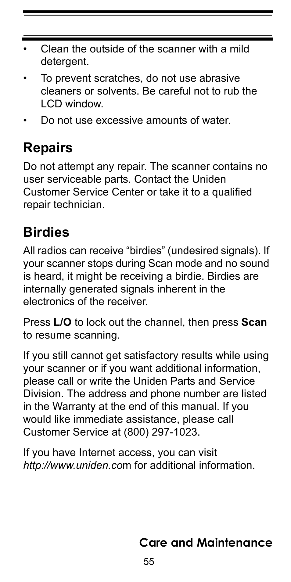Repairs, Birdies | Uniden BEARCAT BC95XLT User Manual | Page 55 / 64