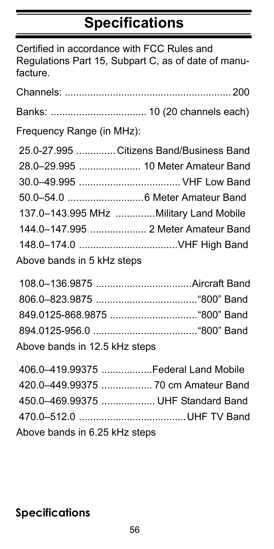 Specifications | Uniden BEARCAT BC95XLT User Manual | Page 56 / 64