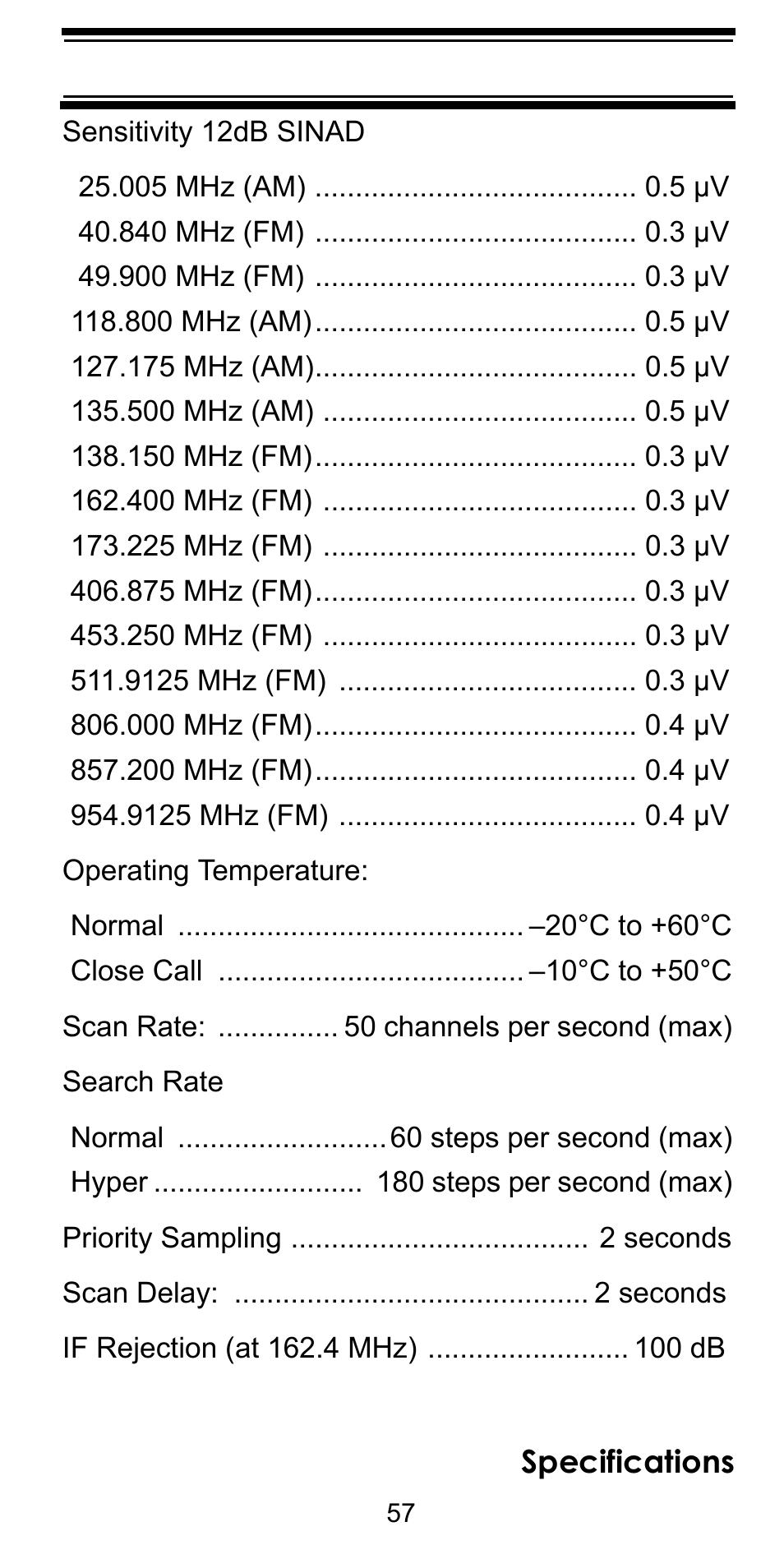 Specifications | Uniden BEARCAT BC95XLT User Manual | Page 57 / 64