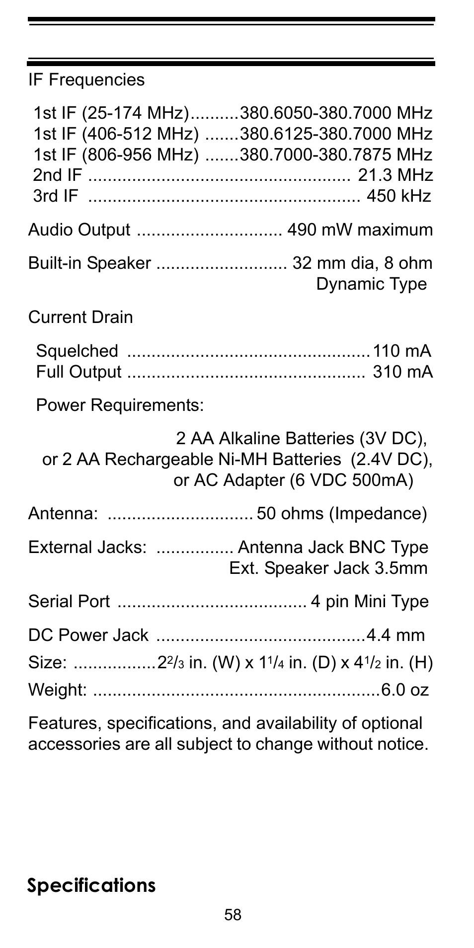 Specifications | Uniden BEARCAT BC95XLT User Manual | Page 58 / 64