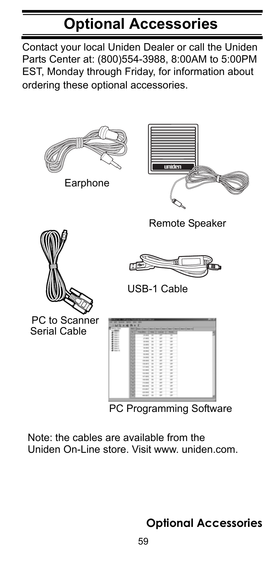 Optional accessories | Uniden BEARCAT BC95XLT User Manual | Page 59 / 64