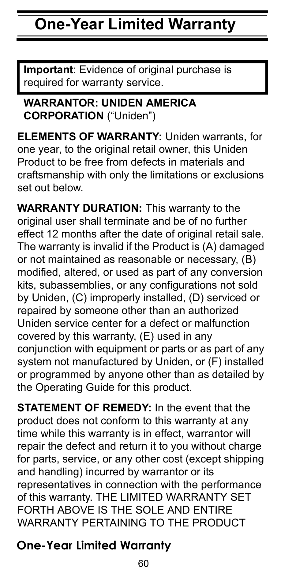 One-year limited warranty, One-year limited war- ranty | Uniden BEARCAT BC95XLT User Manual | Page 60 / 64