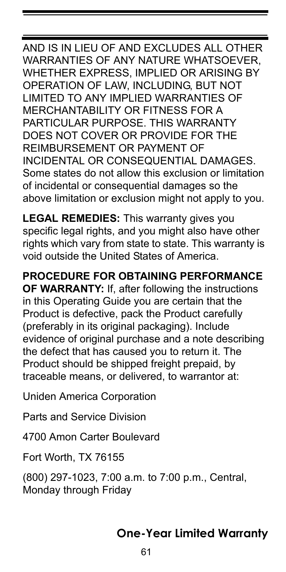 One-year limited warranty | Uniden BEARCAT BC95XLT User Manual | Page 61 / 64