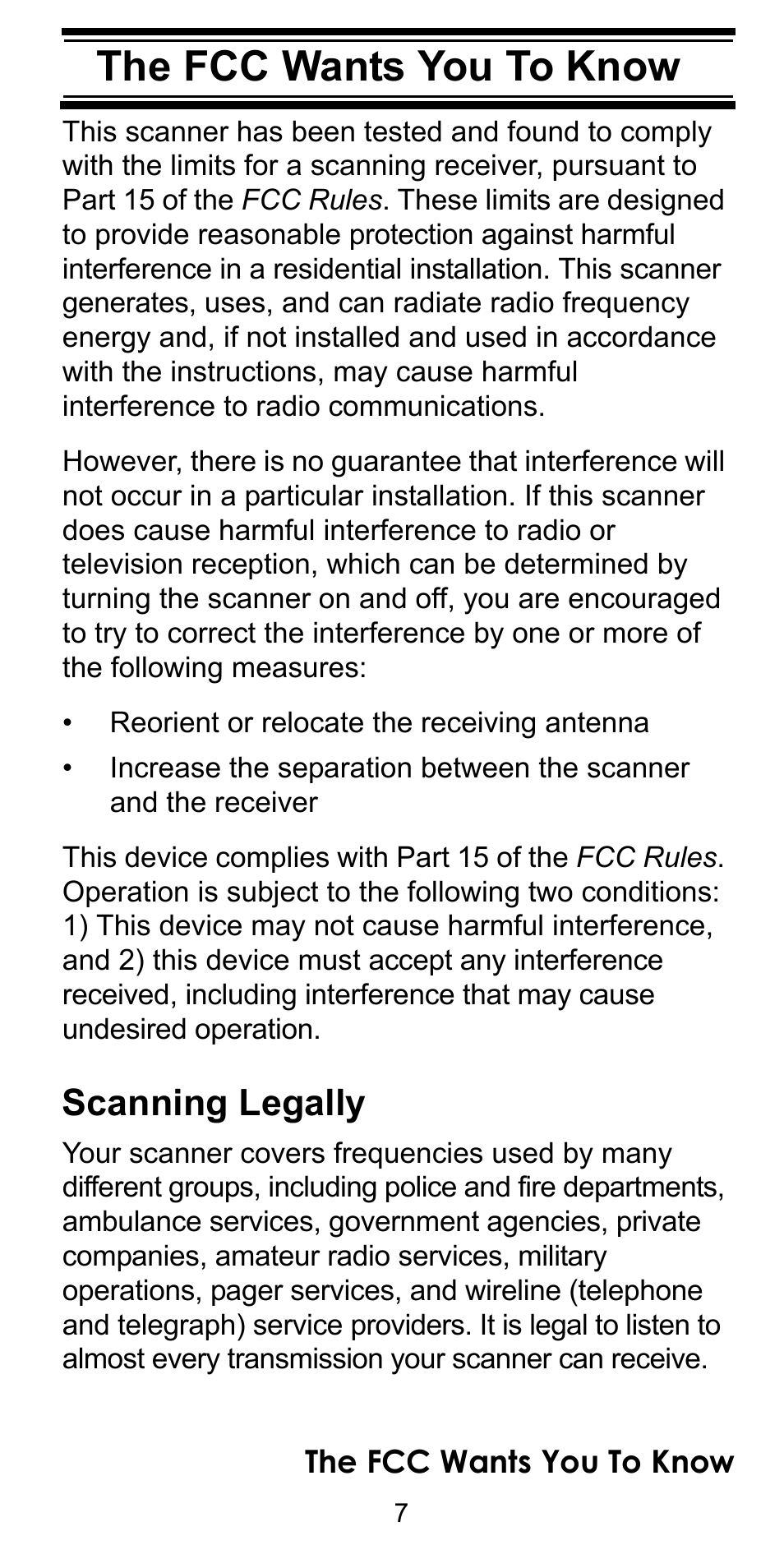 The fcc wants you to know, Scanning legally | Uniden BEARCAT BC95XLT User Manual | Page 7 / 64