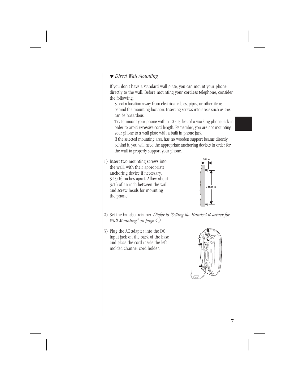 Installing the handset battery pack 10, Direct wall mounting | Uniden 1EXI7960 User Manual | Page 11 / 33