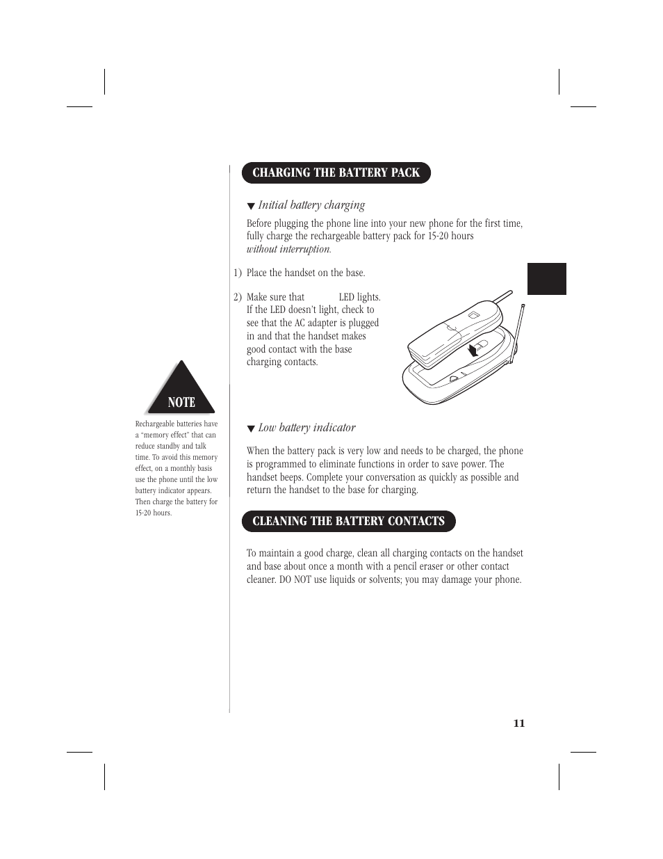 Using your new phone 14, Making and receiving calls 14, Flash and call waiting 14 | Charging the battery pack, Cleaning the battery contacts | Uniden 1EXI7960 User Manual | Page 15 / 33