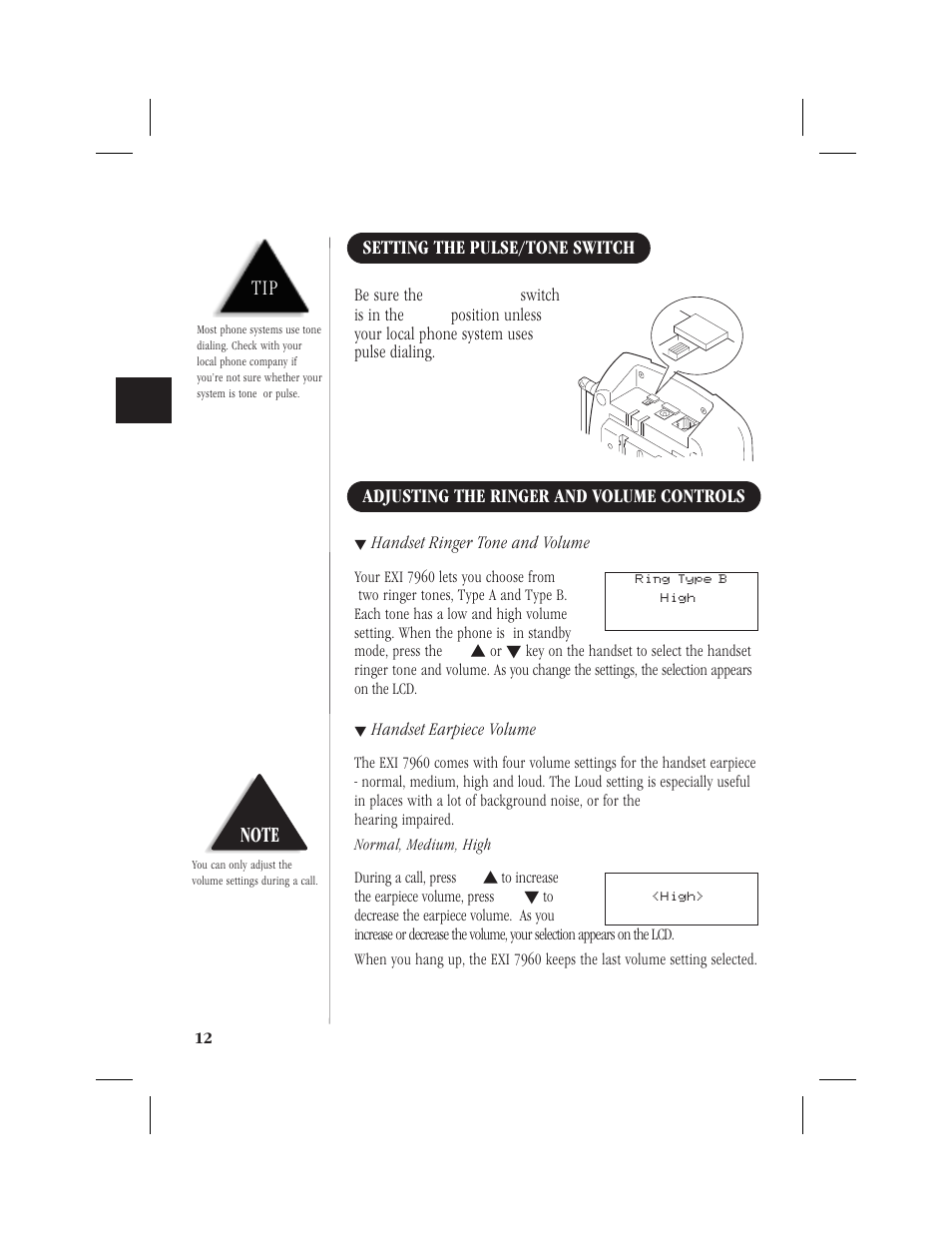 Storing a phone number in memory 15, Setting the pulse/tone switch, Adjusting the ringer and volume controls | Uniden 1EXI7960 User Manual | Page 16 / 33