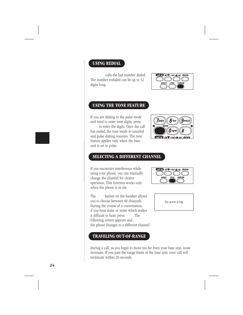 Specifications 27, Using redial, Using the tone feature | Selecting a different channel, Traveling out-of-range | Uniden 1EXI7960 User Manual | Page 28 / 33