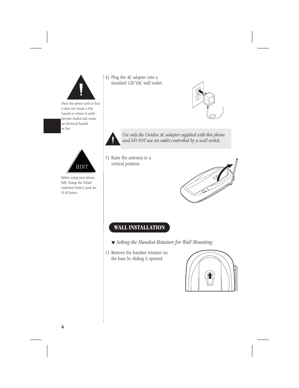 Wall installation, Hint | Uniden 1EXI7960 User Manual | Page 8 / 33