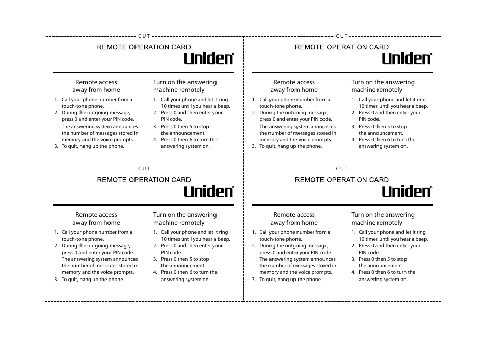 Remote operation card | Uniden DCT738 User Manual | Page 73 / 76