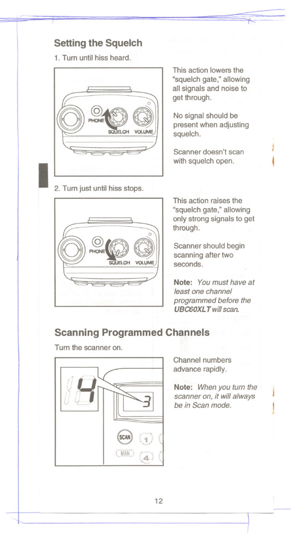 Setting the squelch, Scanning programmed channels, Setting the squelch scanning programmed channels | Uniden UBC60XLT User Manual | Page 14 / 28