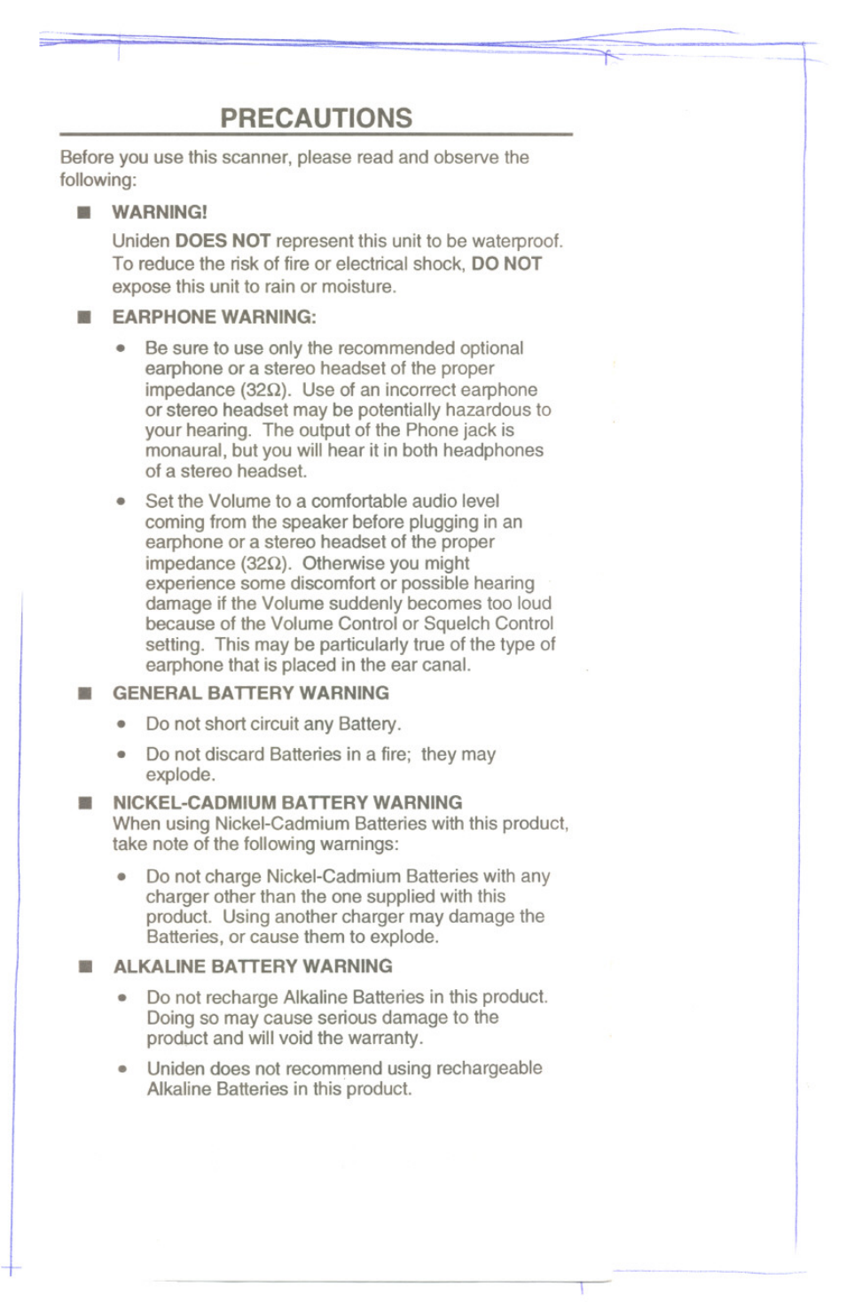 Precautions | Uniden UBC60XLT User Manual | Page 2 / 28