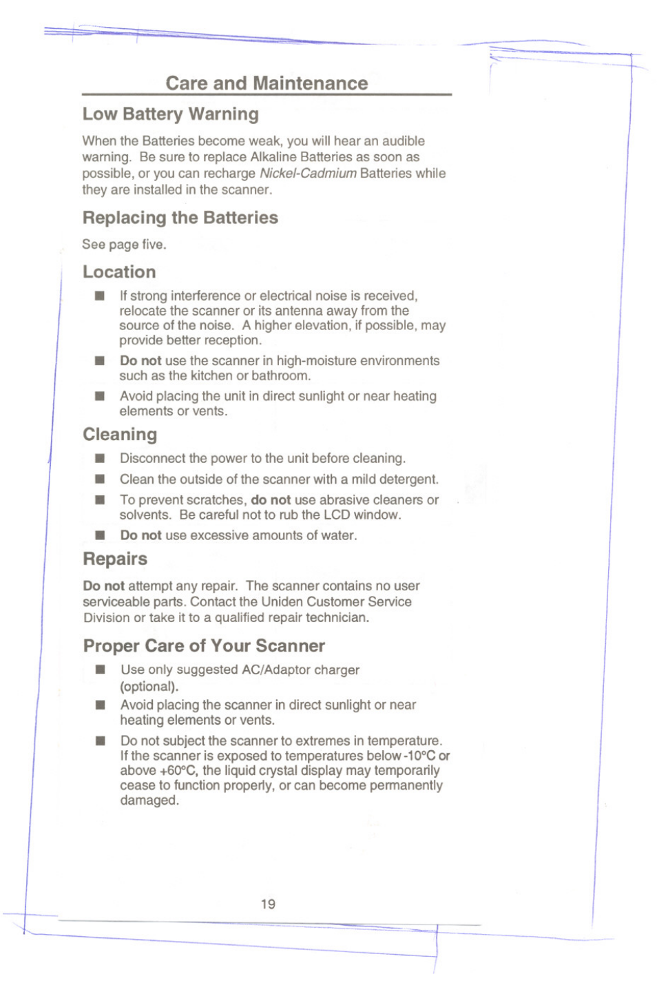 Care and maintenance, Care and maintenance low battery warning, Replacing the batteries | Location, Cleaning, Repairs, Proper care of your scanner | Uniden UBC60XLT User Manual | Page 21 / 28