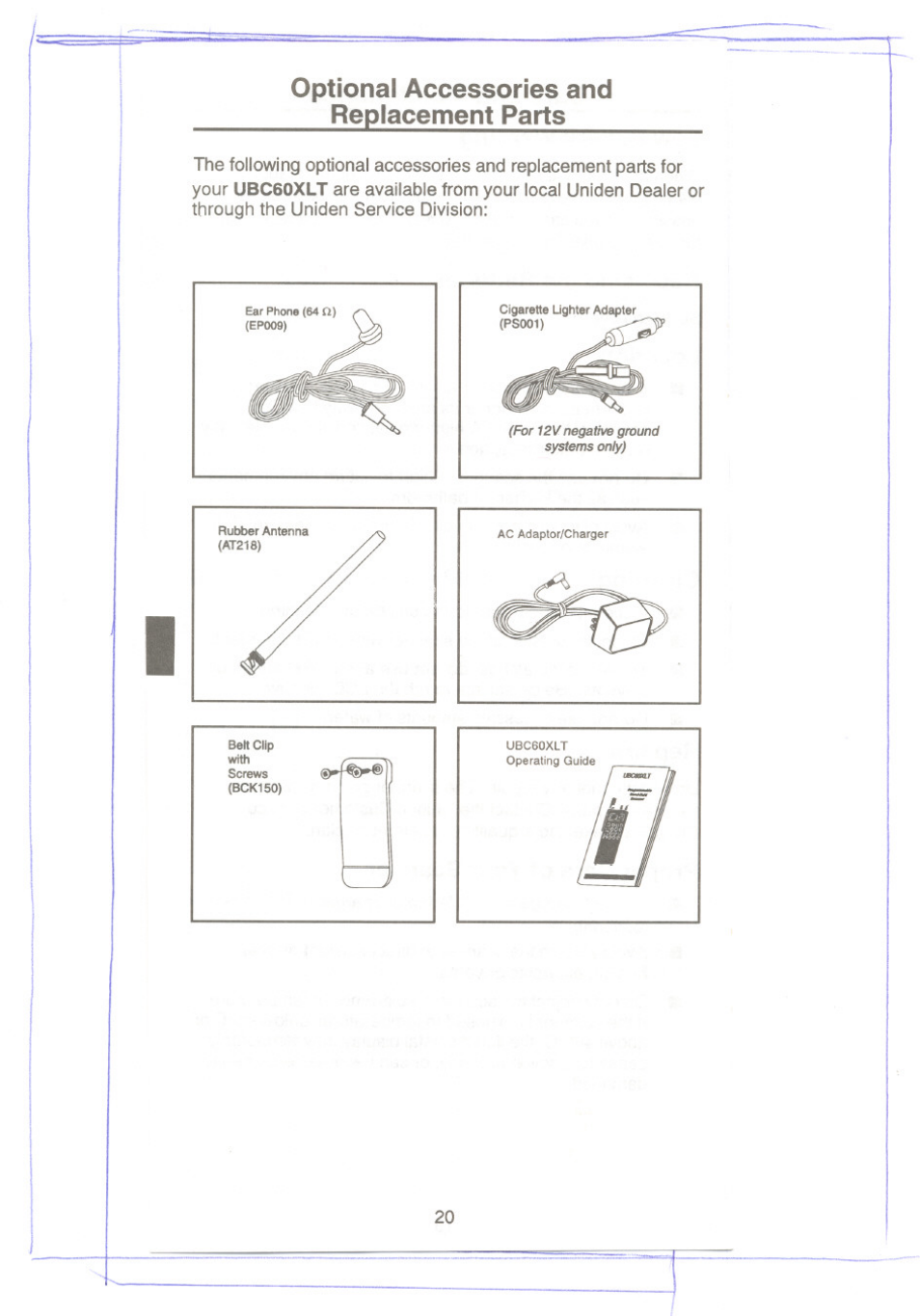 Optional accessories and replacement parts | Uniden UBC60XLT User Manual | Page 22 / 28