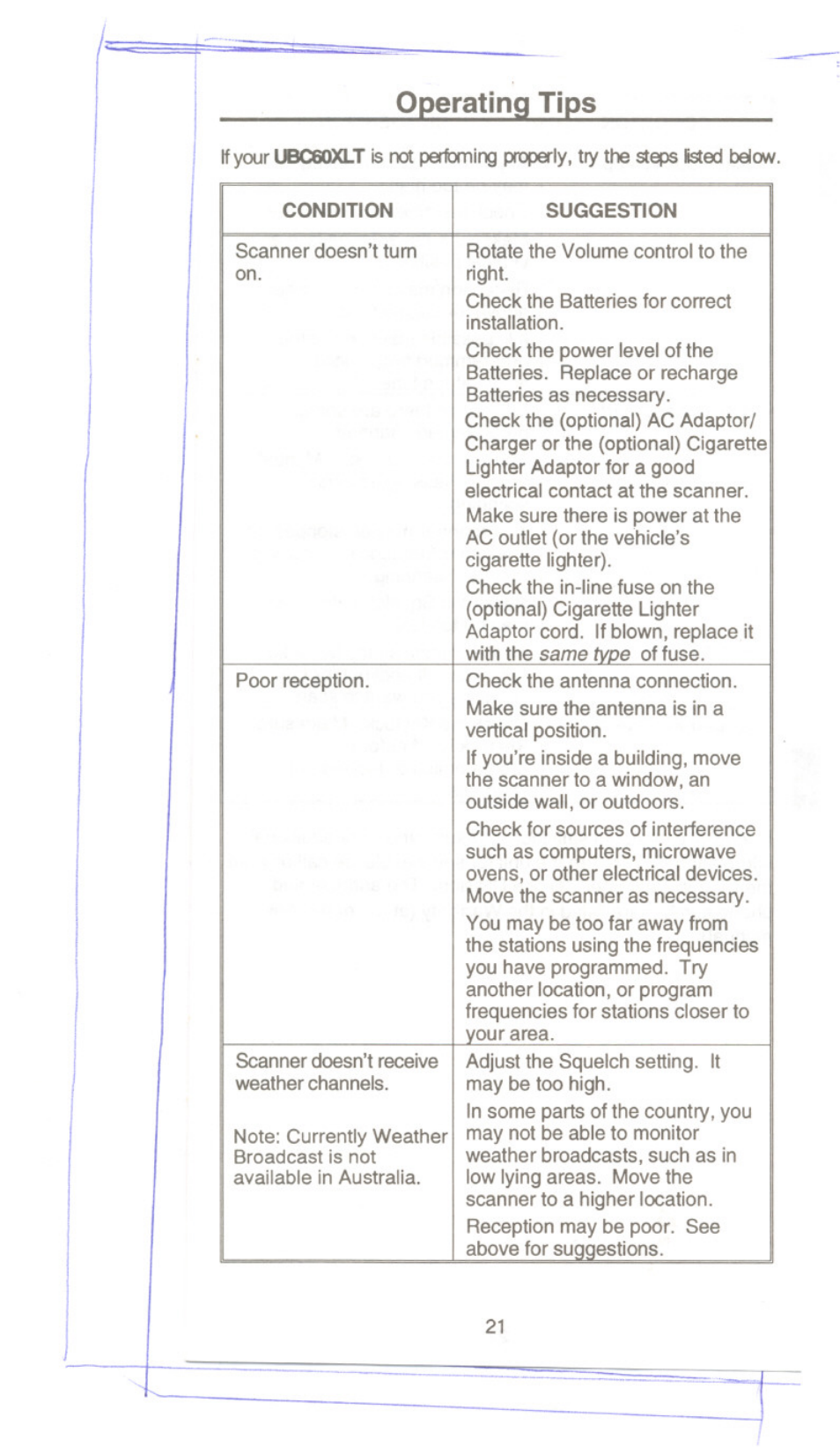Operating tips | Uniden UBC60XLT User Manual | Page 23 / 28