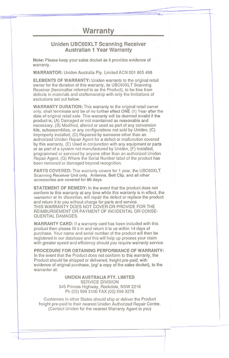Warranty | Uniden UBC60XLT User Manual | Page 26 / 28