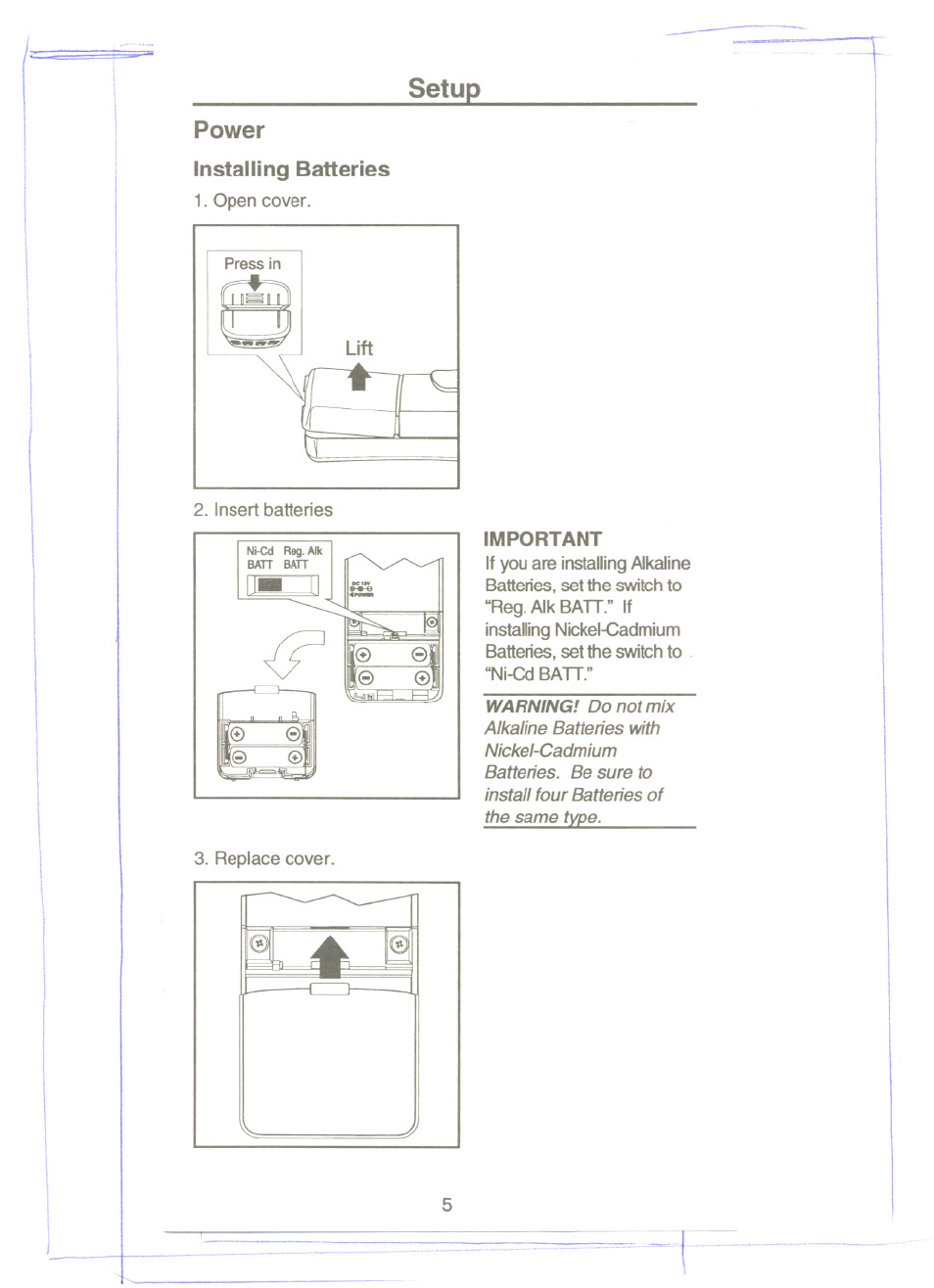 Setup, Power, Installing batteries | Setup power | Uniden UBC60XLT User Manual | Page 7 / 28