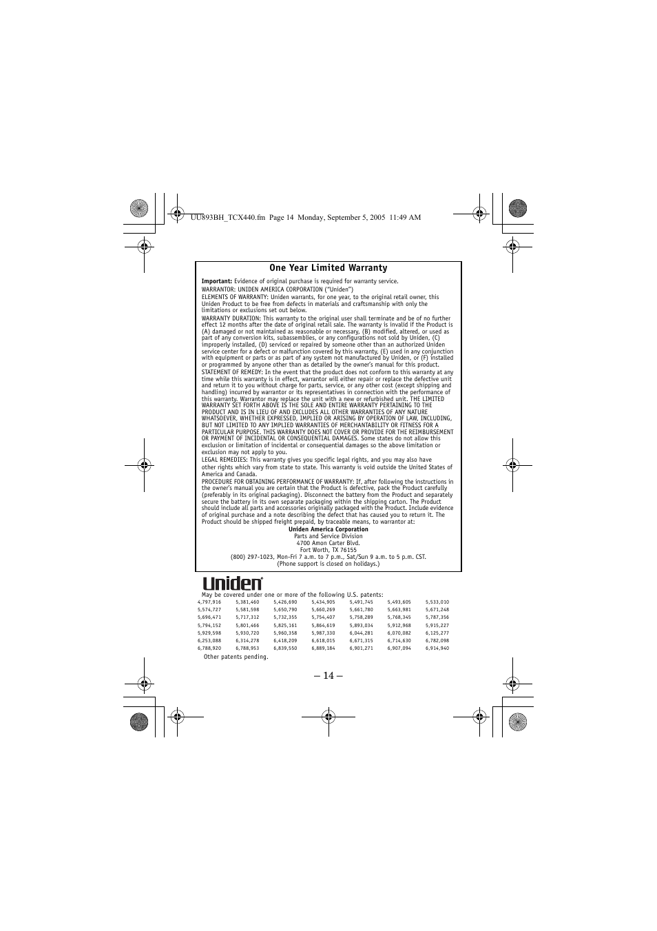 One year limited warranty | Uniden TCX4 User Manual | Page 14 / 16