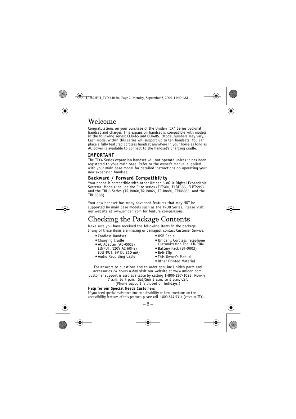 Welcome, Checking the package contents | Uniden TCX4 User Manual | Page 2 / 16
