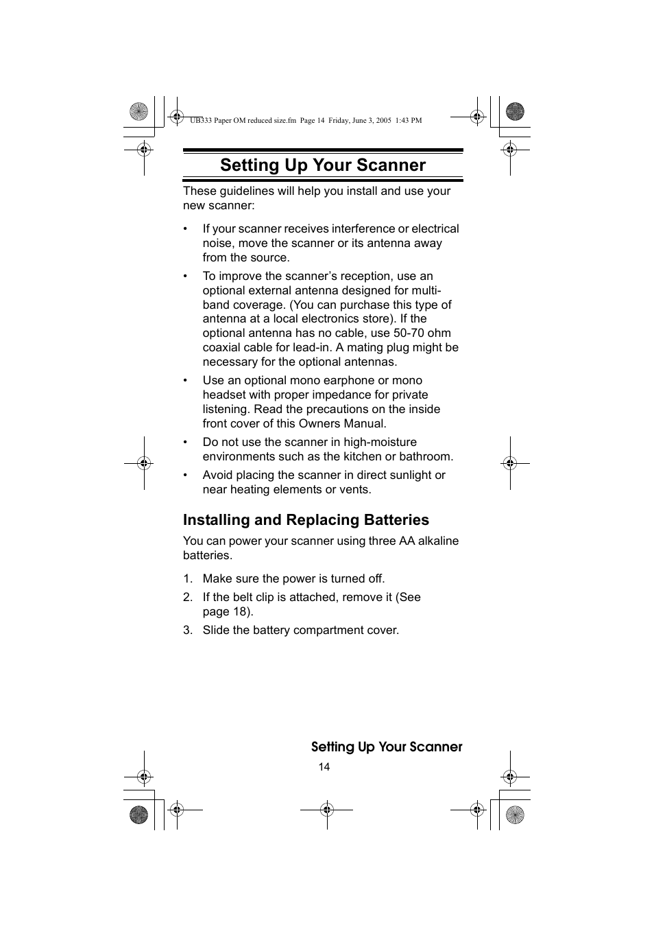 Setting up your scanner, Installing and replacing batteries | Uniden UBC30XLT User Manual | Page 14 / 40