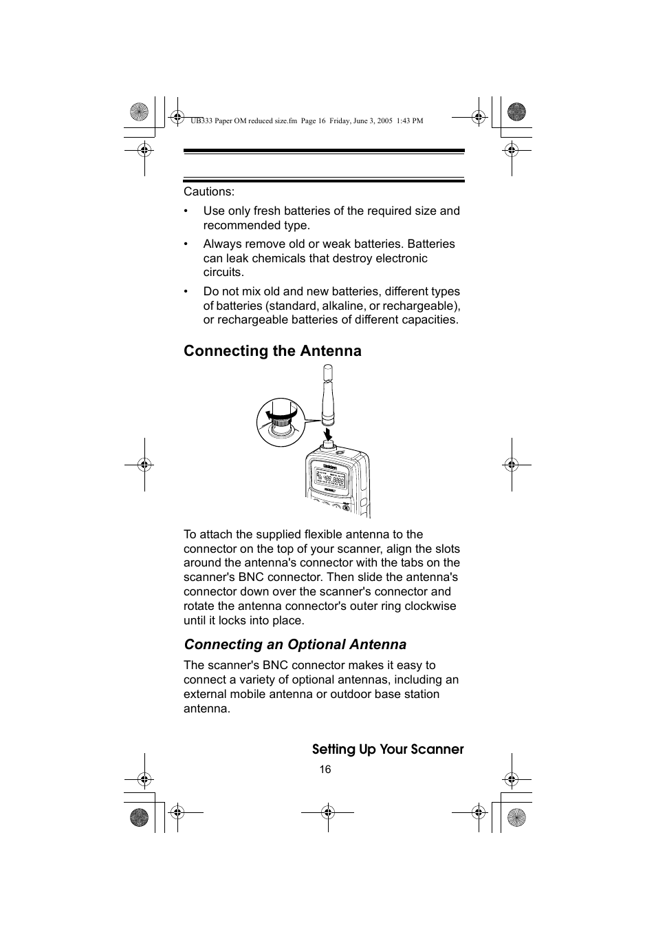Connecting the antenna | Uniden UBC30XLT User Manual | Page 16 / 40