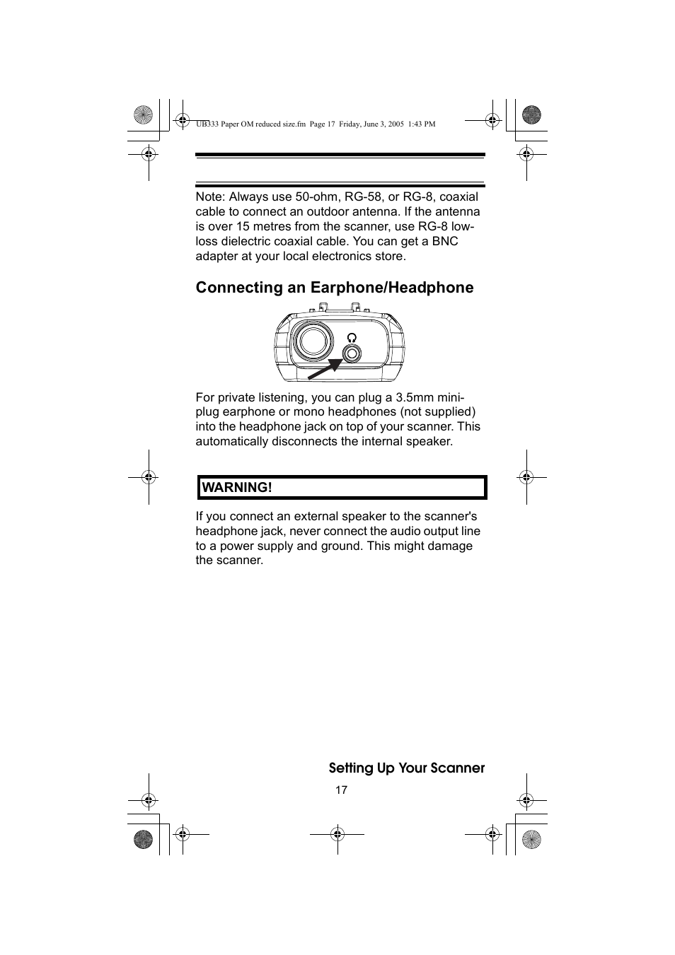 Connecting an earphone/headphone | Uniden UBC30XLT User Manual | Page 17 / 40