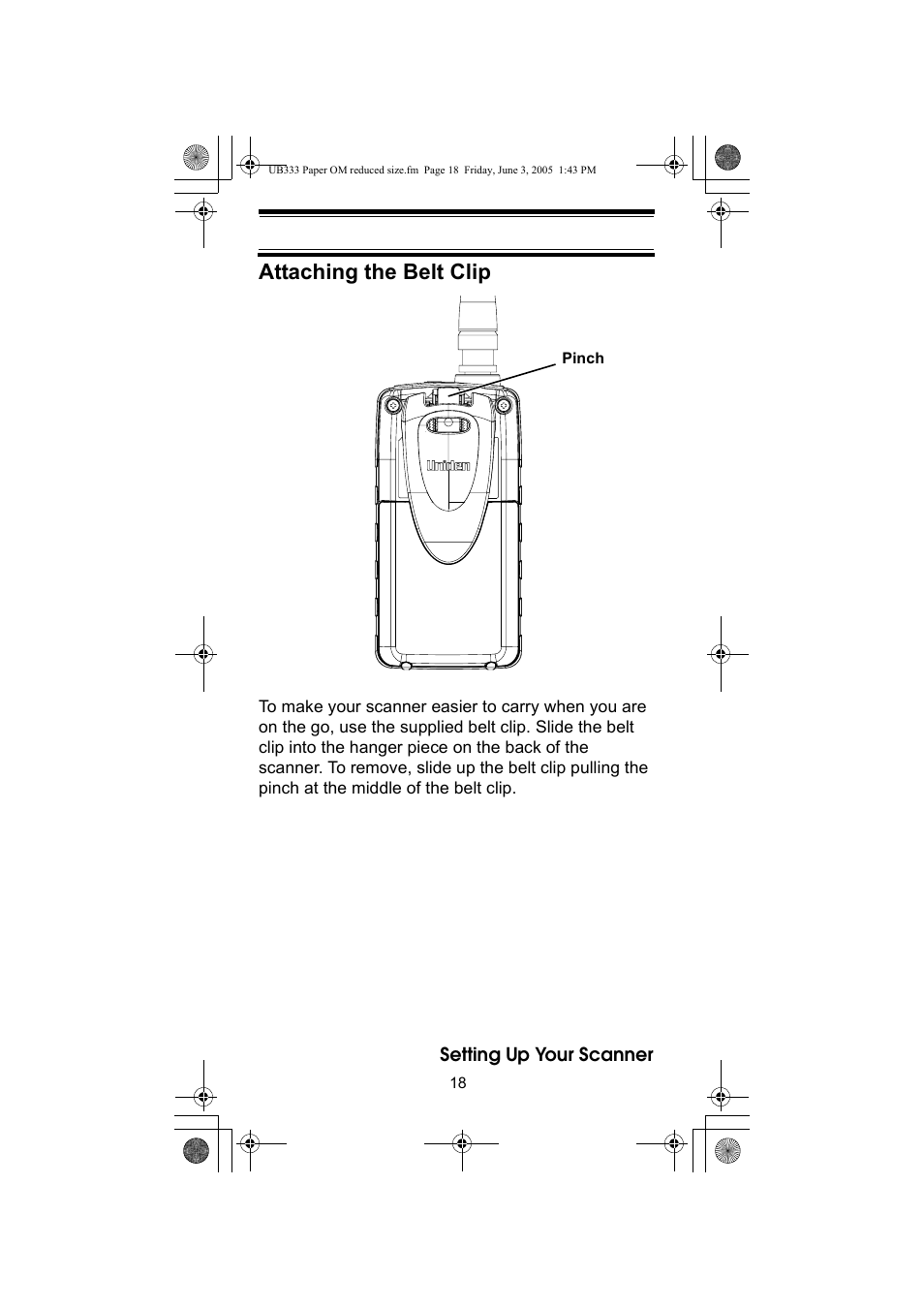 Attaching the belt clip | Uniden UBC30XLT User Manual | Page 18 / 40