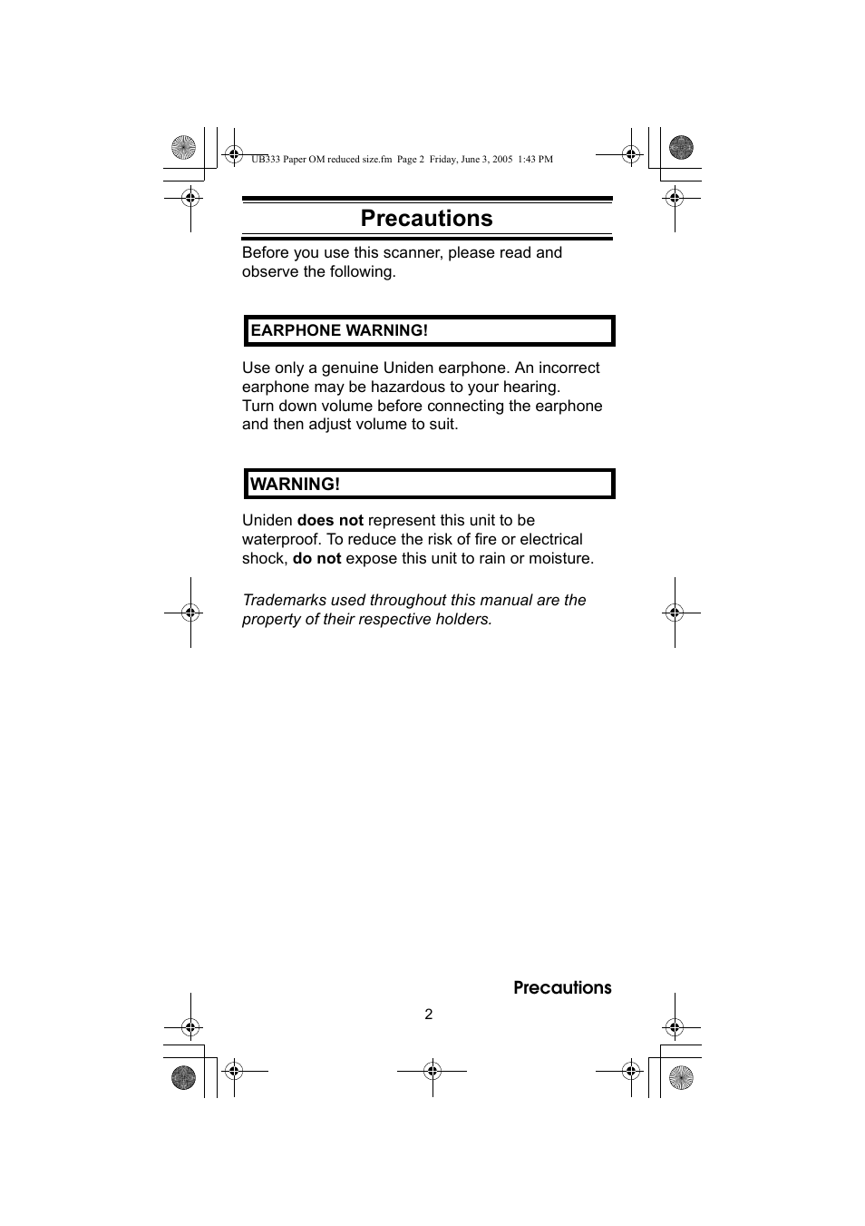 Precautions | Uniden UBC30XLT User Manual | Page 2 / 40