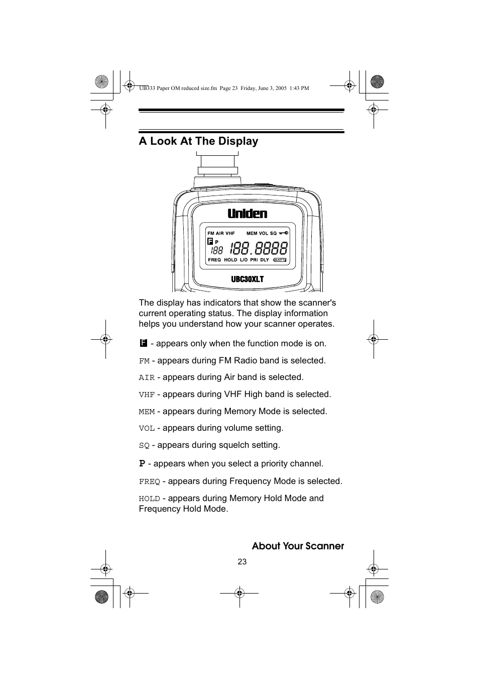 A look at the display | Uniden UBC30XLT User Manual | Page 23 / 40