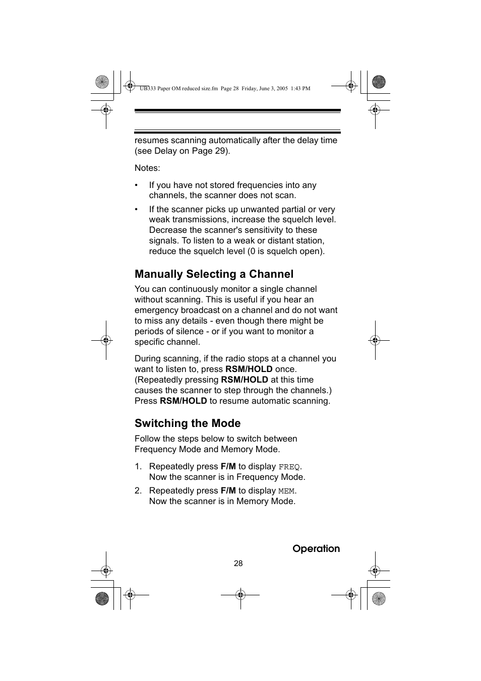 Manually selecting a channel, Switching the mode | Uniden UBC30XLT User Manual | Page 28 / 40
