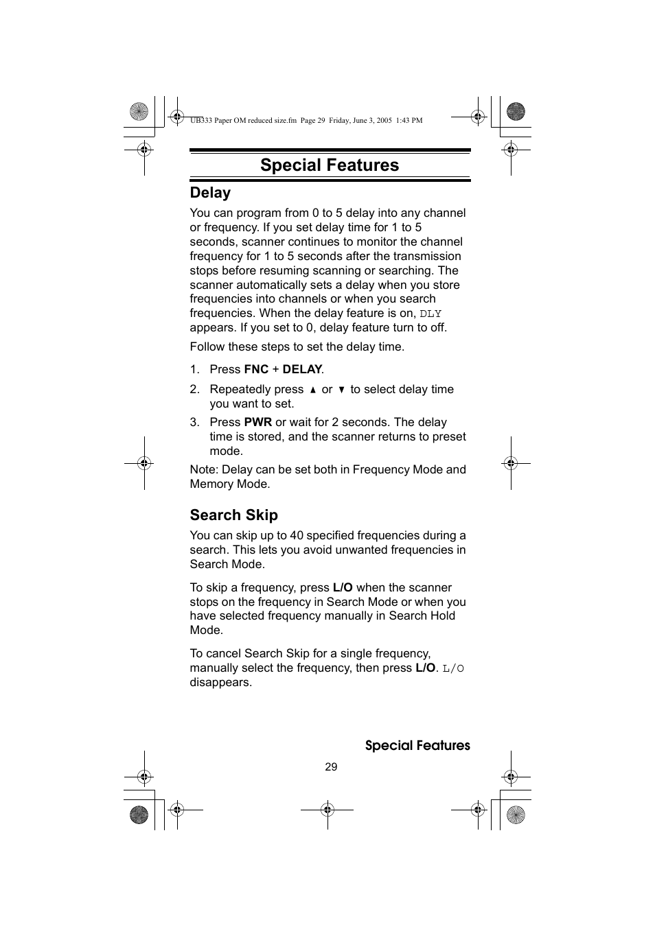 Special features, Delay, Search skip | Uniden UBC30XLT User Manual | Page 29 / 40