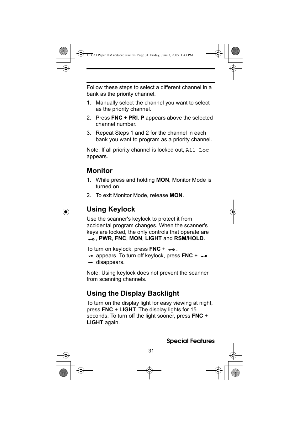 Monitor, Using keylock, Using the display backlight | Uniden UBC30XLT User Manual | Page 31 / 40