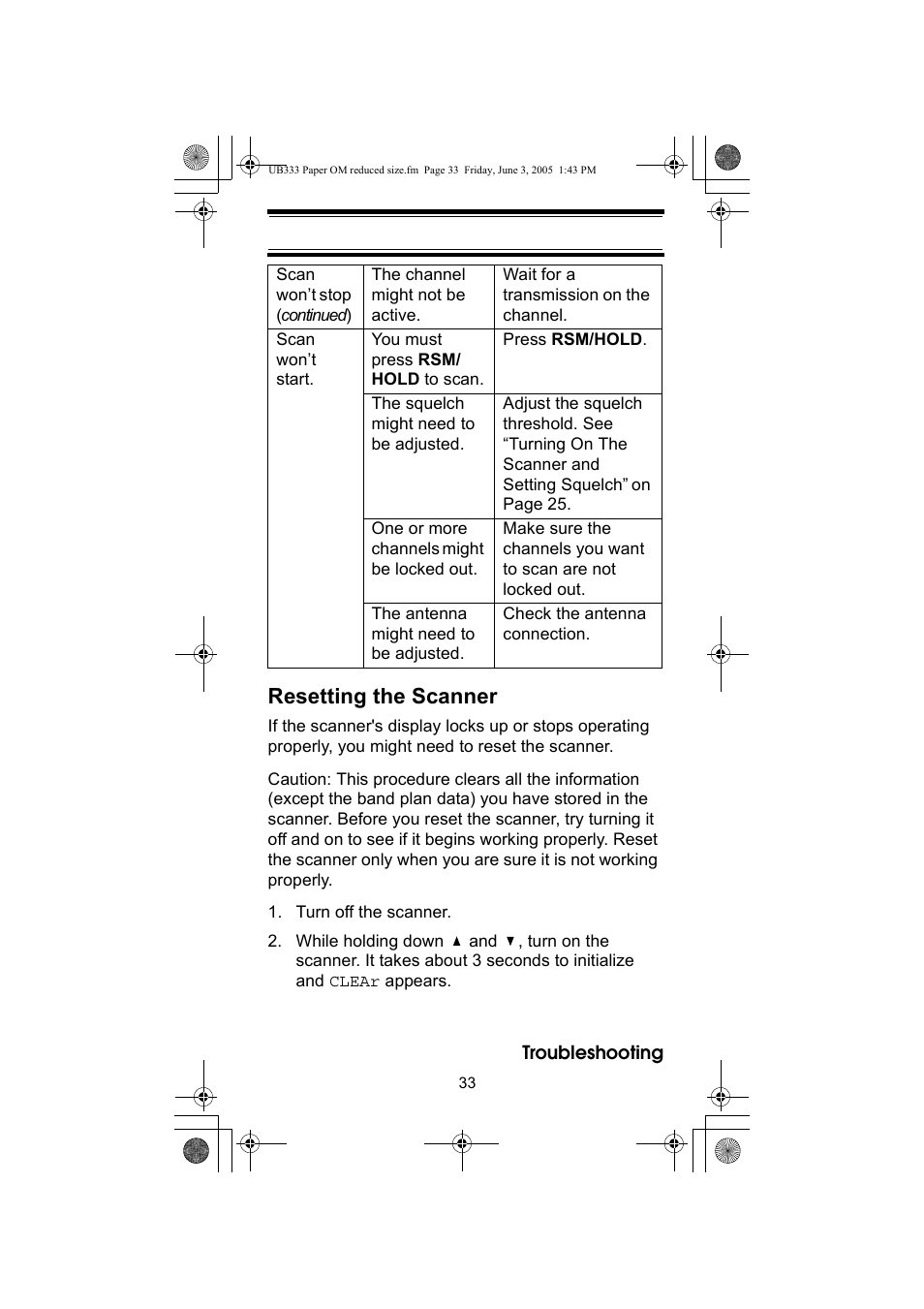 Resetting the scanner | Uniden UBC30XLT User Manual | Page 33 / 40