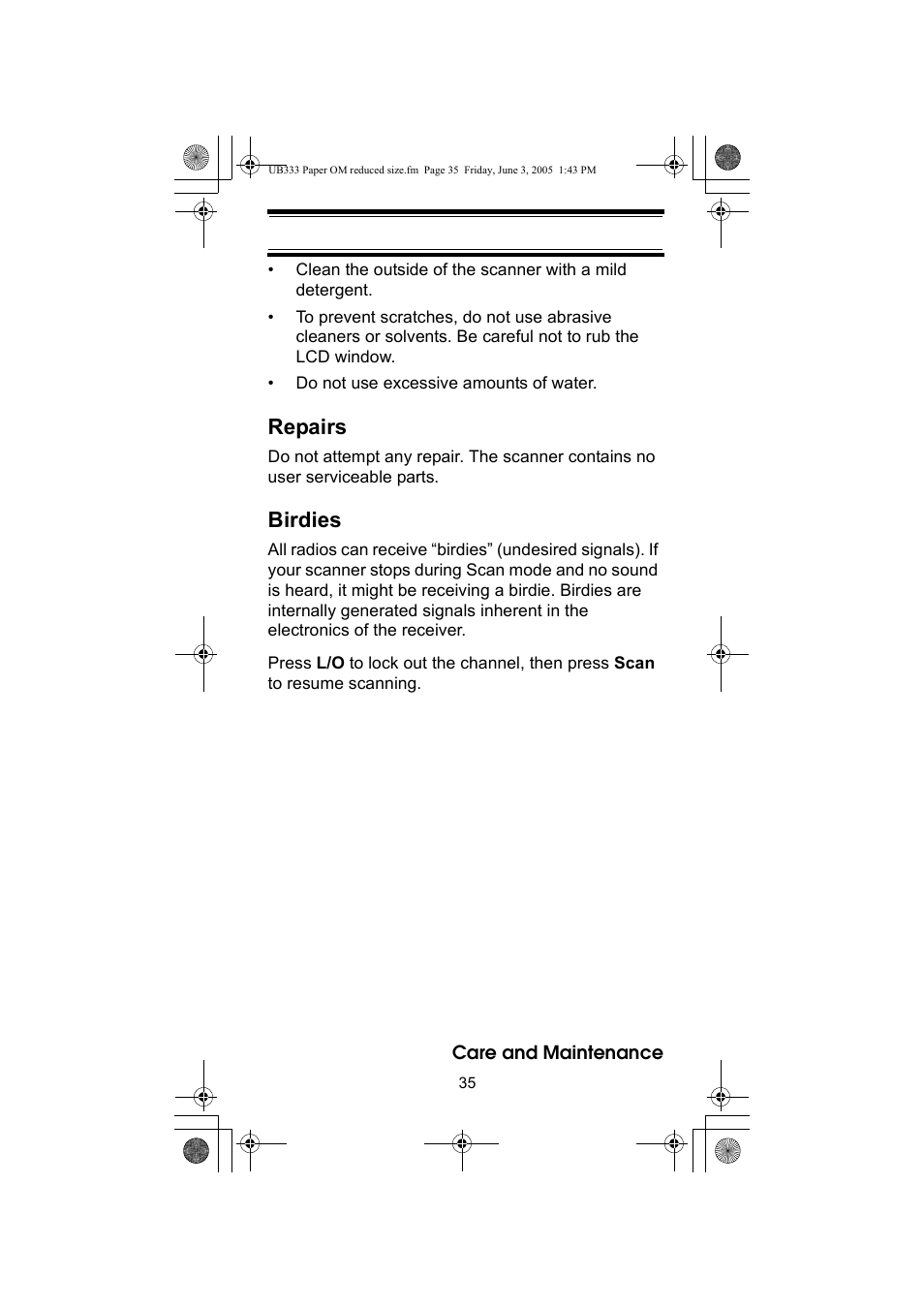 Repairs, Birdies | Uniden UBC30XLT User Manual | Page 35 / 40