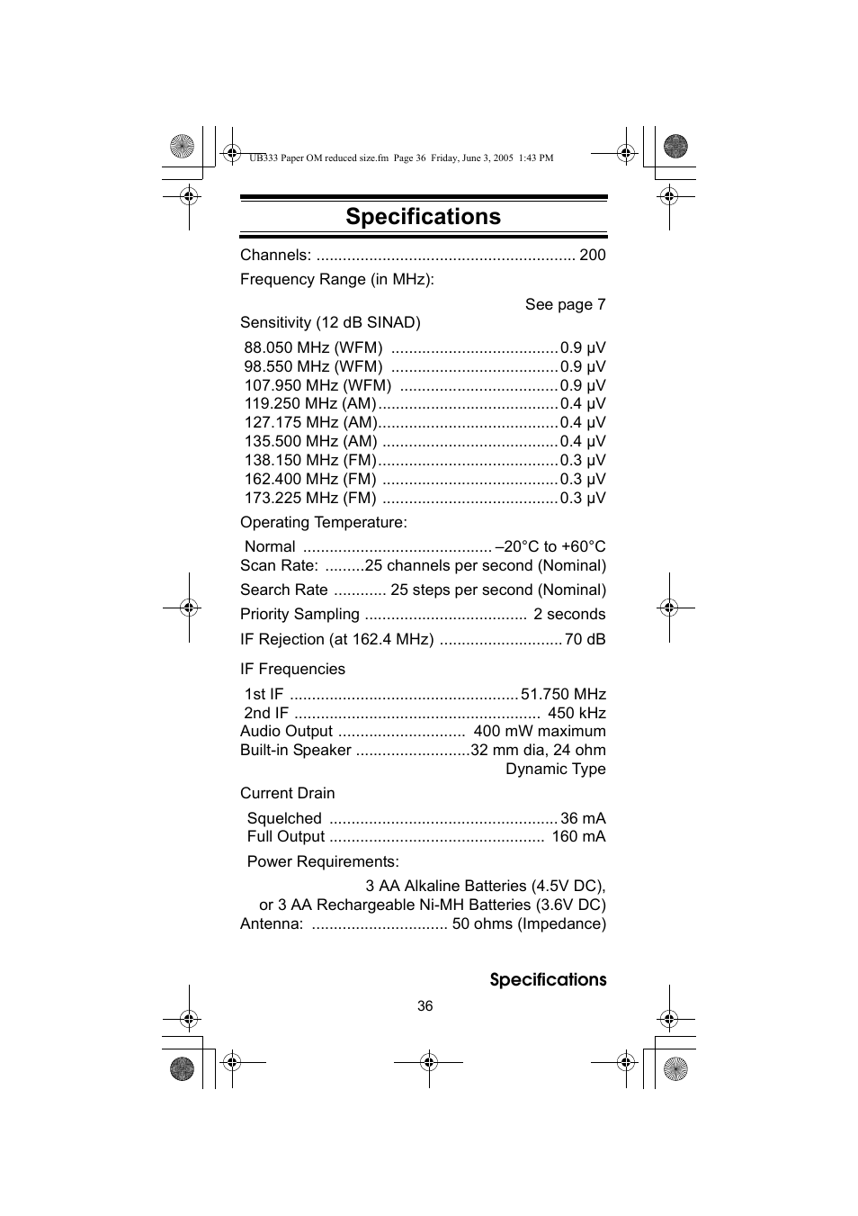 Specifications | Uniden UBC30XLT User Manual | Page 36 / 40