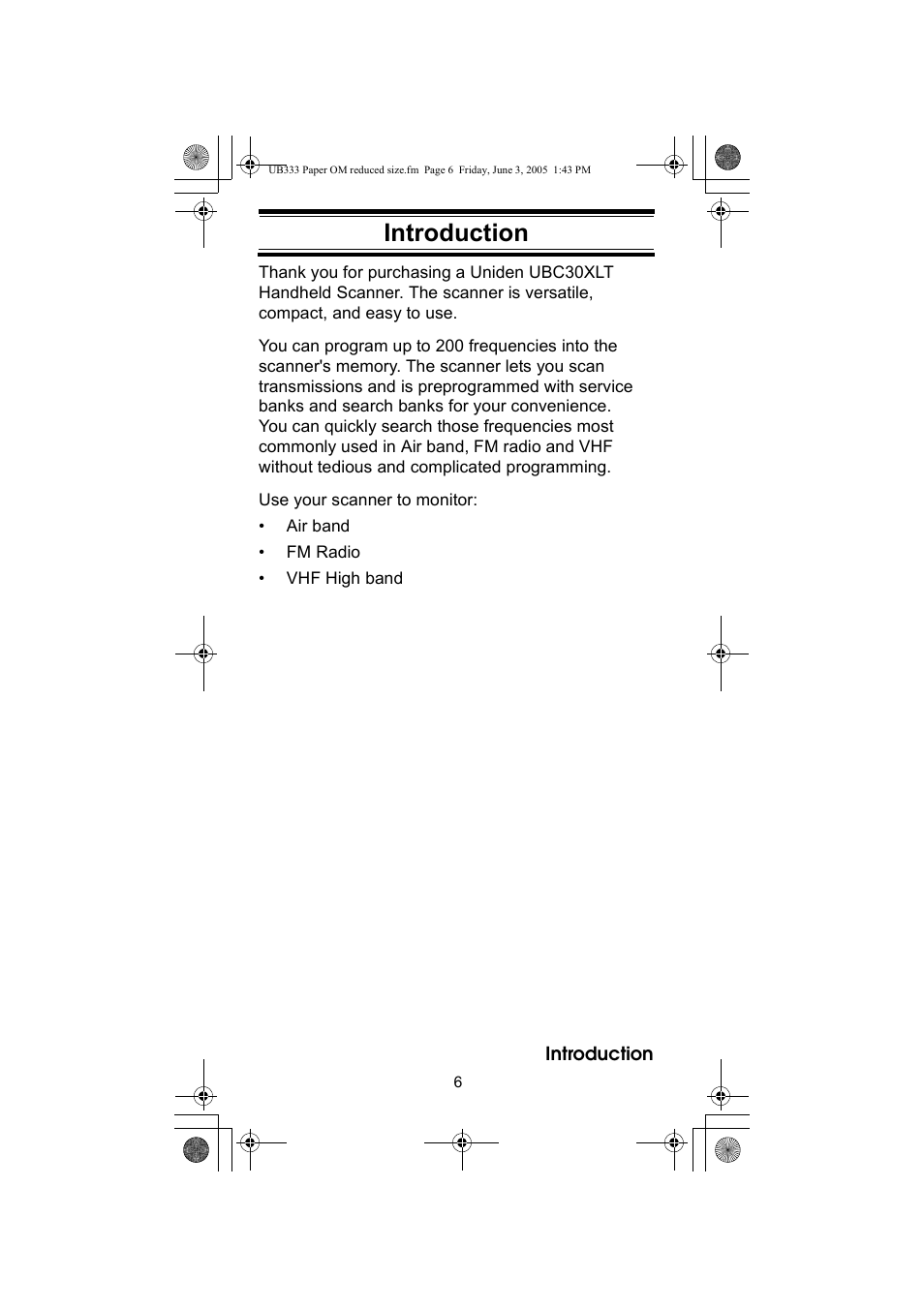 Introduction | Uniden UBC30XLT User Manual | Page 6 / 40