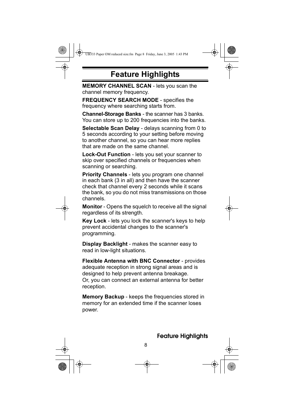 Feature highlights | Uniden UBC30XLT User Manual | Page 8 / 40