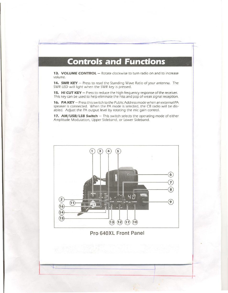 Controls and functions, Pro 640xl front panel | Uniden PRO 640XL User Manual | Page 4 / 12
